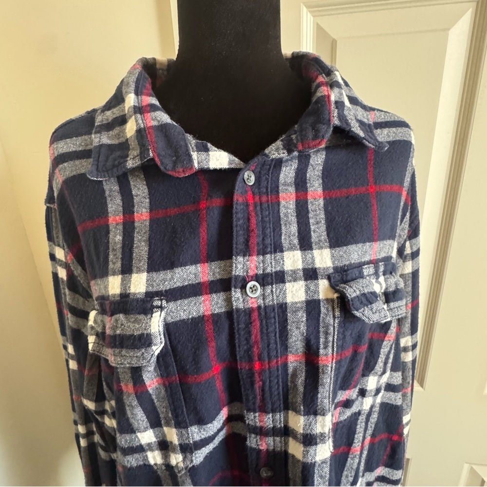 George Men's Plaid Flannel Long Sleeve Shirt Navy Red White Gray 2XL 50-52
